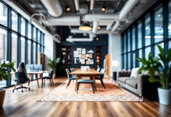 Blur focus modern, contemporary and fashion office interior. Front view of an open space office interior. Bokeh background for meeting and presentation, ai