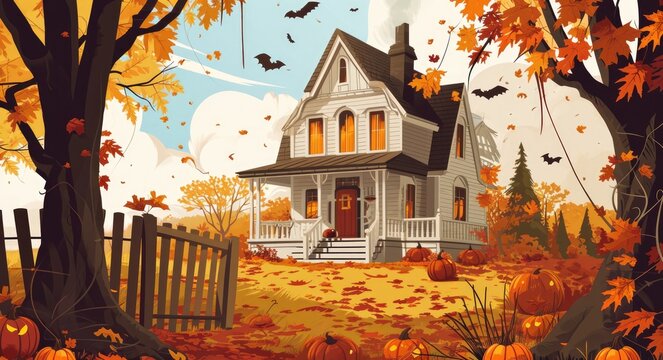 Festive Harvest Home: Halloween Decor with Pumpkins and Autumn Leaves