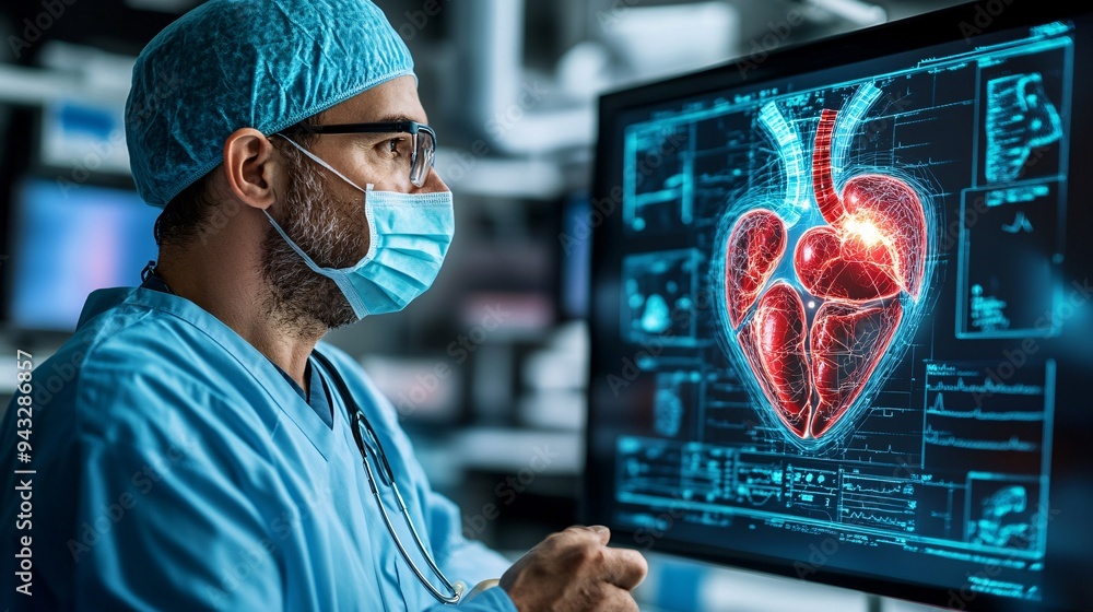 Poster heart surgeon planning cardiovascular surgery using a 3d hologram of the cardiovascular system with 