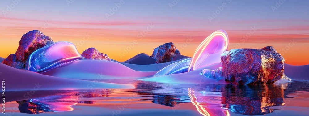 Poster 3D rendering of a surreal landscape featuring neon forms reflected in water and vibrant sand A podium and abstract shapes create a fantastical futuristic scene