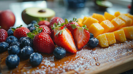 Fresh fruit salad with strawberries, blueberries, and raspberries on a white plate