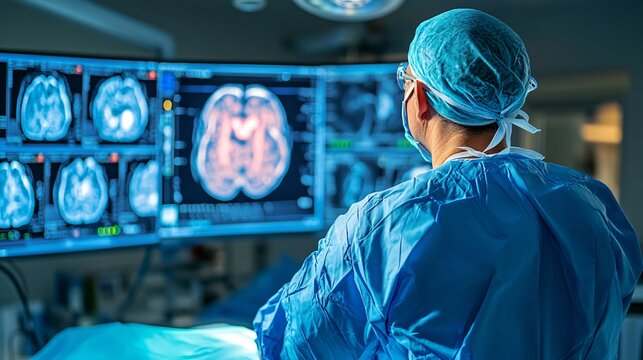 Neurosurgeon utilizing a 3D brain hologram to plan and execute brain surgery on a tumor or injury Stock Photo with copy space