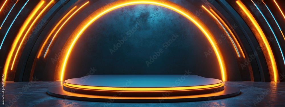 Aufkleber 3D rendering of an abstract futuristic backdrop featuring a blank podium stage designed for product showcases
