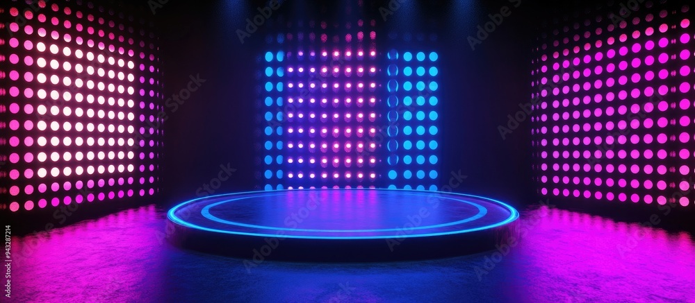Aufkleber 3D render featuring an abstract background with glowing dots and neon lights showcasing a virtual reality theme in ultraviolet spectrum incorporating vibrant pink and blue colors resembling a fashi