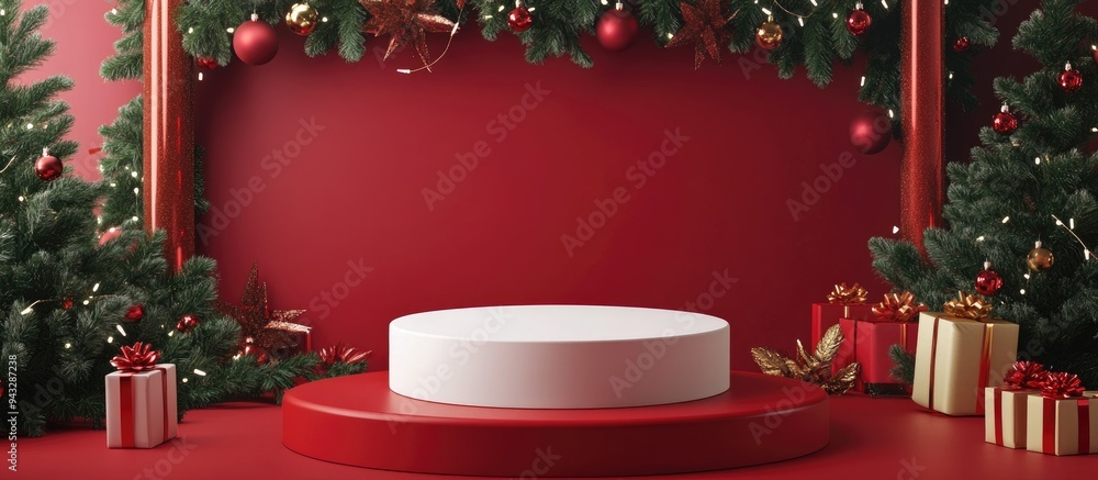 Poster 3d rendering of a festive product display podium with decorative backdrop for a holiday celebration