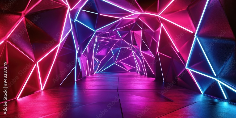 Poster 3d abstract neon backdrop featuring a geometric design with a polygonal structure evoking a cyber sp