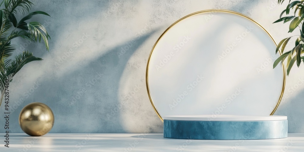 Aufkleber 3D render of an empty space featuring a white and blue cylinder podium with a gold ring and sphere in the background