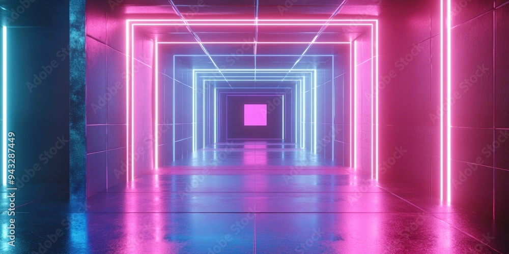 Fototapete 3D rendering of a neon lit tunnel featuring glowing lines an abstract background and a square portal in vibrant pink and blue hues resembling a virtual reality experience with a laser show effect
