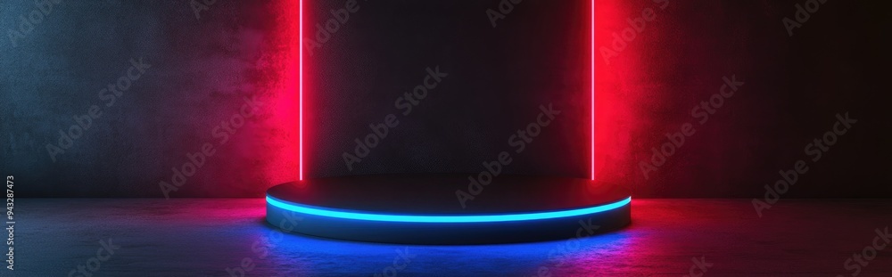 Poster 3D rendering of a black podium on a dark background suited for showcasing cosmetics or natural perfume products featuring a simple and elegant minimalist design