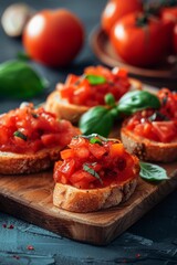 Delicious Italian Bruschetta With Tomatoes, Basil, And Garlic On Wooden Cutting Board