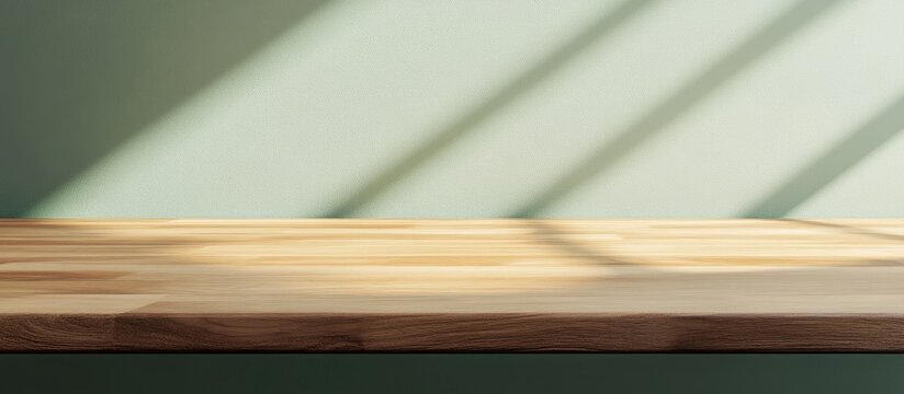 3D render of an empty elegant fine oak wood surface showcasing beautiful wood grain illuminated by morning sunlight with dappled light on a plain green wall in the background Ideal backdrop for bea