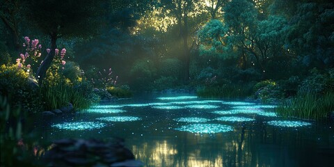 Mystical pond with glowing water in a forest.