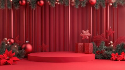 3D rendered podium with a red Christmas themed background