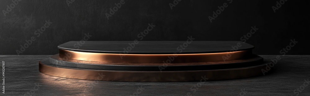 Poster 3D rendering of an isolated pedestal on a black background featuring a round copper frame and cylindrical steps showcasing an abstract minimalist concept with a blank space and clean design ideal