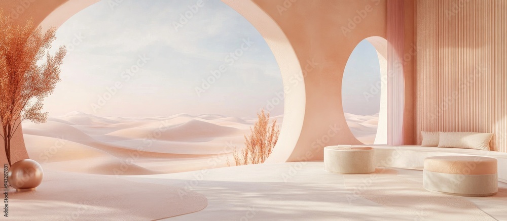 Poster 3D rendering of an abstract surreal pastel landscape featuring modern architecture and geometric arches with a vibrant dune scene spacious sky and minimalist decor elements