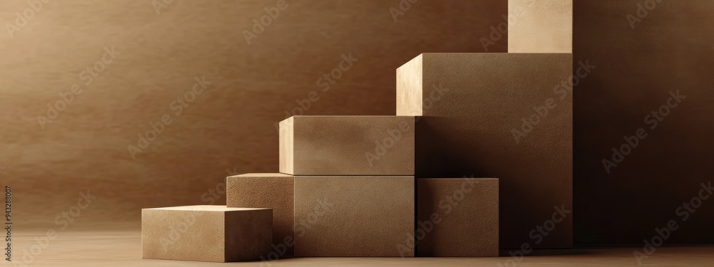 Poster 3d brown cube and box podium in a minimal studio background abstract geometric shape illustration in