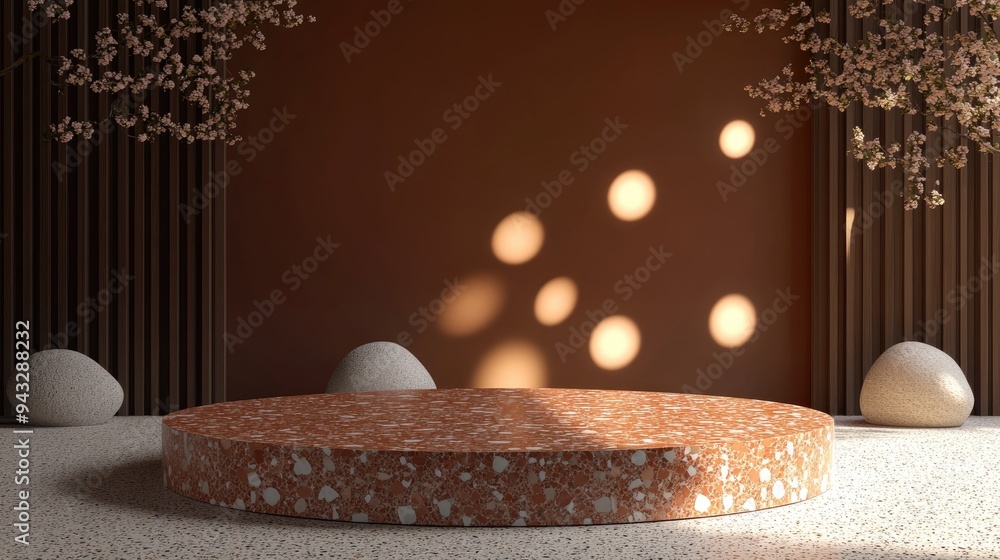 Aufkleber 3d rendering of a brown terrazzo podium mockup in a landscape setting with gobo lighting in the back