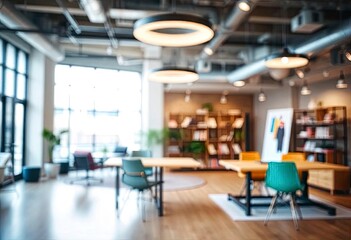 Blur focus modern, contemporary and fashion office interior. Front view of an open space office interior. Bokeh background for meeting and presentation, ai