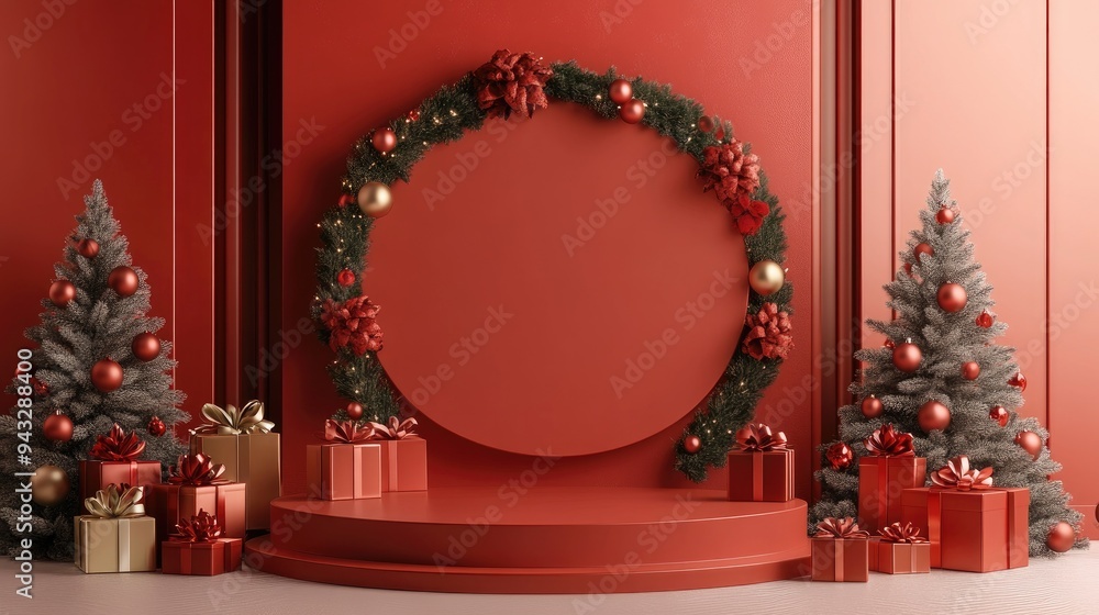 Aufkleber 3d illustration of a merry christmas theme with a blank product podium display setting