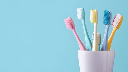 A collection of toothbrushes in various colors and shapes is depicted inside an isolated white cup on a clean background, representing the diversity that comes with using different types of brushes fo