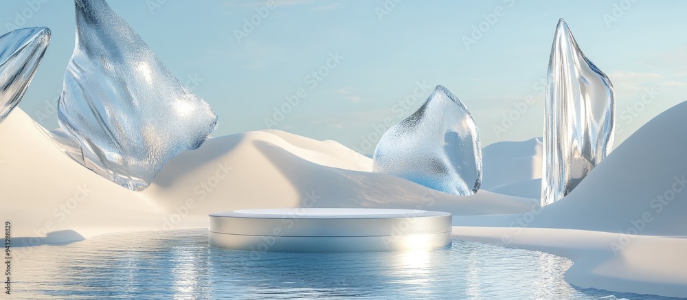 Poster 3d rendering of a surreal landscape featuring a round podium in water and white sand set against a b