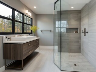 Modern Bathroom with Glass Shower and Wood Vanity