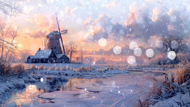 A peaceful winter landscape with traditional windmills and cozy farmhouses next to a river that freezes at sunset. Seamless looping 4k time-lapse animation video background 