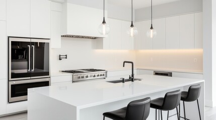 A contemporary kitchen with sleek appliances, an island with bar stools, and pendant lighting