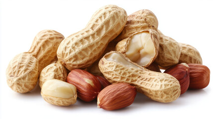 Group of Peanuts,  A collection of peanuts, with one nut split open to reveal the edible part inside, showcasing their natural texture and color