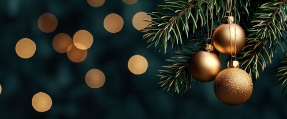 Obraz premium Golden Christmas Ornaments on a Pine Branch with Bokeh Lights