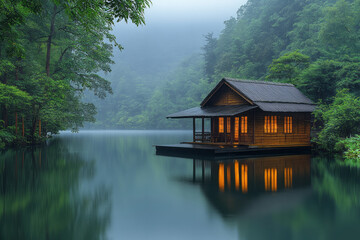 Fototapeta premium A serene scene of a bamboo hut by a lake, with reflections of the house and surrounding trees in the still water,