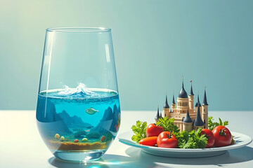 glass of water with salad and cherry