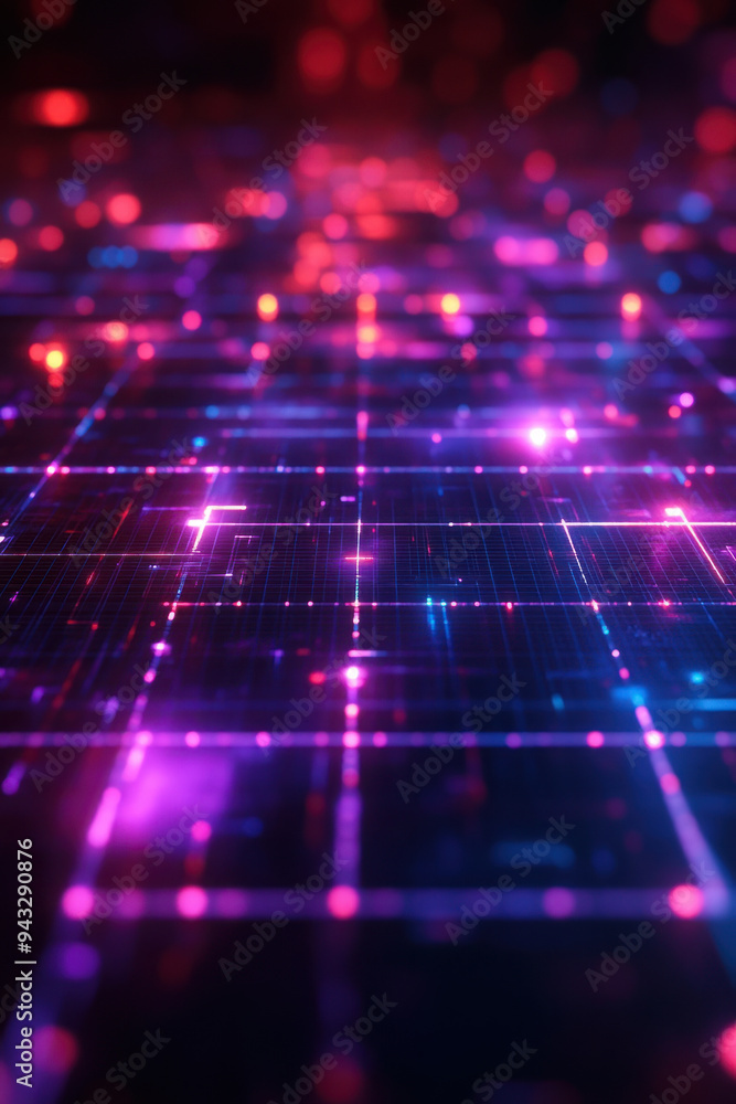 Poster futuristic technology, an abstract image featuring glowing lines and a grid pattern, symbolizing adv