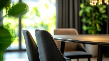 Fototapeta premium A modern dining room with a sleek table, upholstered chairs, and a statement chandelier
