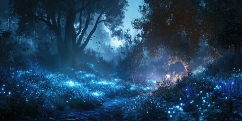 Fototapeta premium Moonlight forest path with glowing flowers.