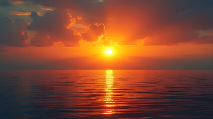 Golden sunset over the ocean with red clouds.