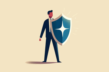 Illustration of a Businessman standing on a data graphic while holding a shield, as a symbol of company data security