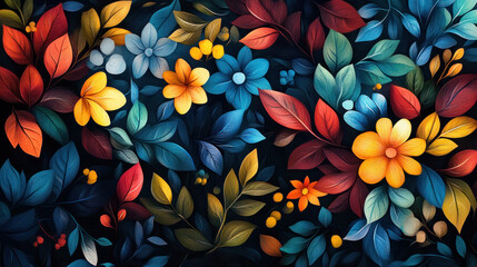 Colorful Floral Design,  A colorful abstract design featuring vibrant leaves and flowers in shades of blue, green, yellow, and red against a dark background
