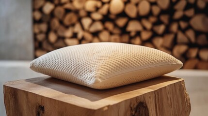 White Pillow on Wooden Log with Stacked Wood Background