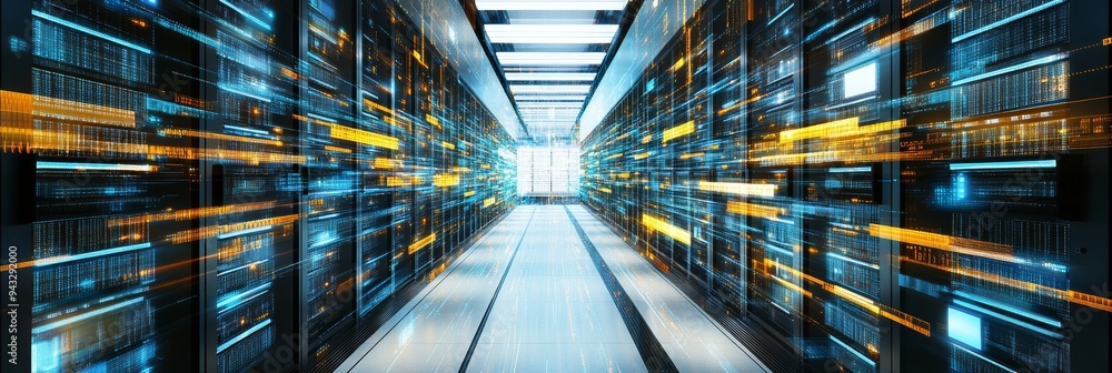 Poster big data, server racks with glowing effects reflecting information flow and connectivity.