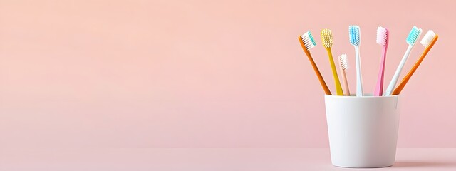 A collection of toothbrushes in various colors and shapes is depicted inside an isolated white cup on a clean background, representing the diversity that comes with using different types of brushes fo