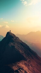 Naklejka premium Sunset Mountain View, Person Standing on Mountain Peak