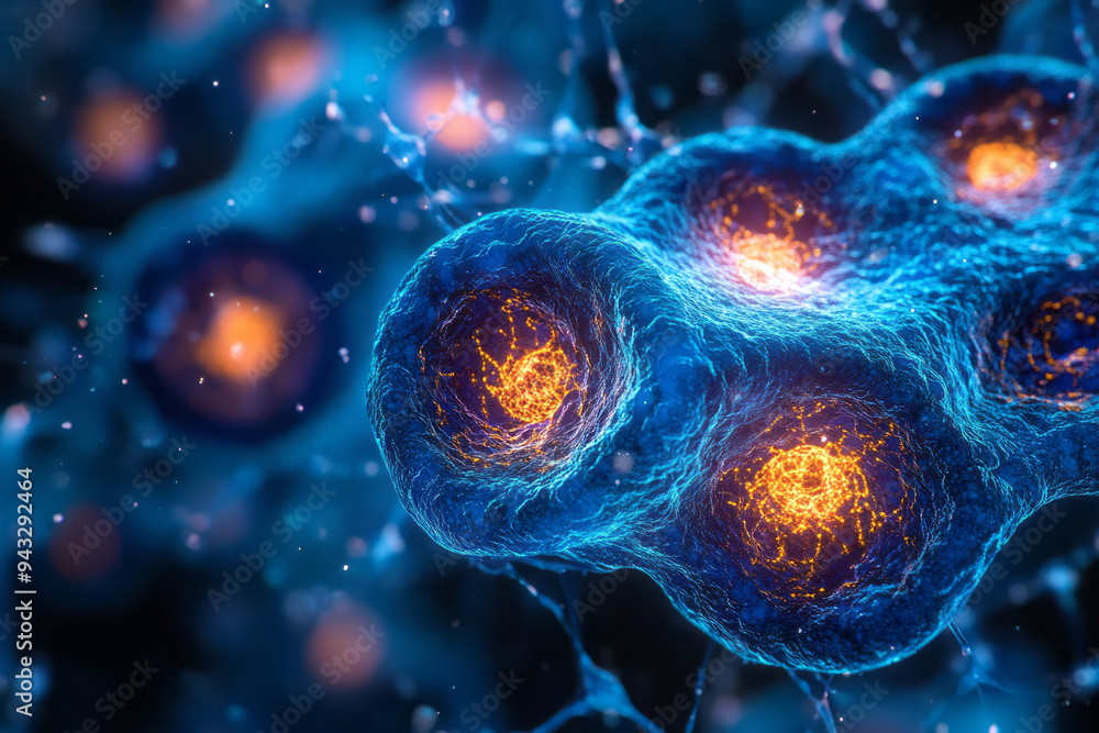Poster a close-up of stem cells under a microscope, highlighting their potential to transform into various 