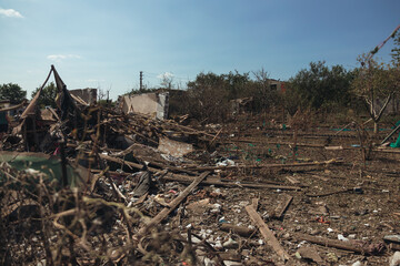 Shelling of civilians. Military aggression. Consequences of the enemy attack on the city of Dnepr. Destroyed residential. Remains of private houses. Consequences of shelling. Russia Ukraine war