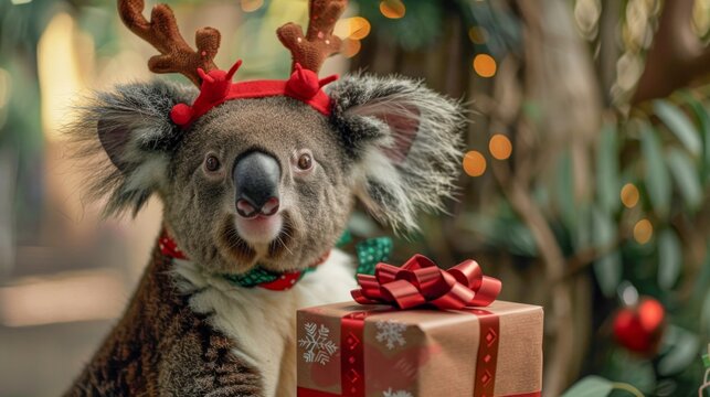 Merry Christmas concept holiday vacation winter greeting card - Sweet cute koala bear and defocused christmas tree in the background