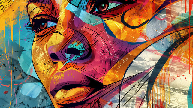Vibrant abstract portrait of a woman in graffiti style, merging bright colors and bold lines to convey urban energy and diversity.