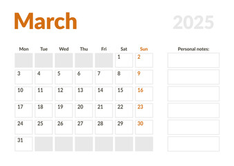 Monthly page Calendar Planner Template of March 2025. Vector layout of calendar with week start Monday for Scheduling. Page for size A4 or 21x29.7 cm