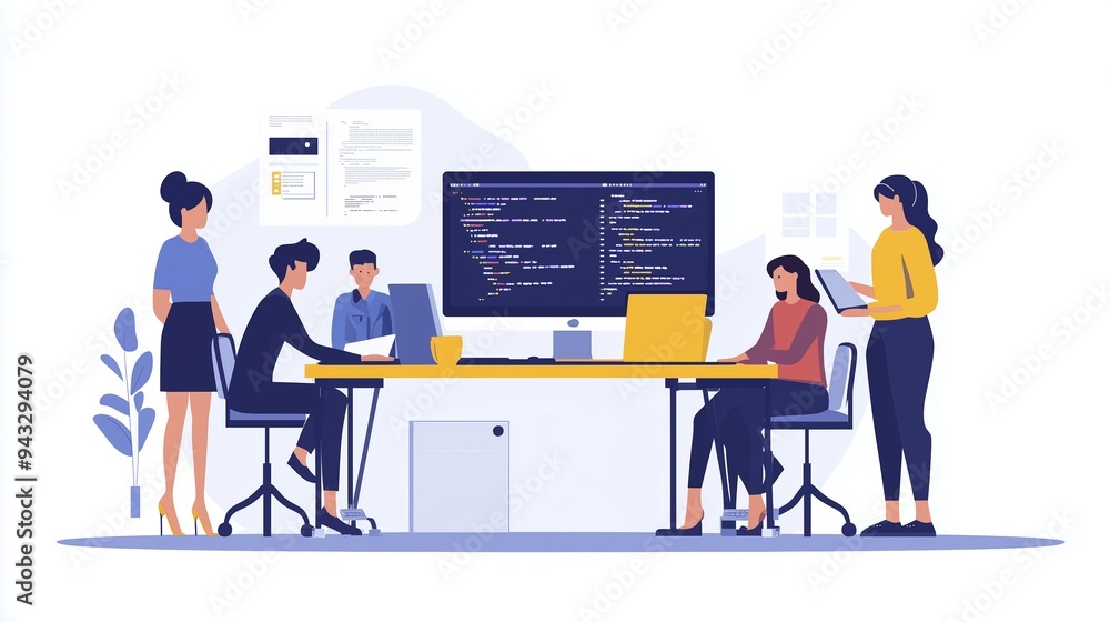Poster team of diverse professionals collaborating on a coding project in a modern office environment durin