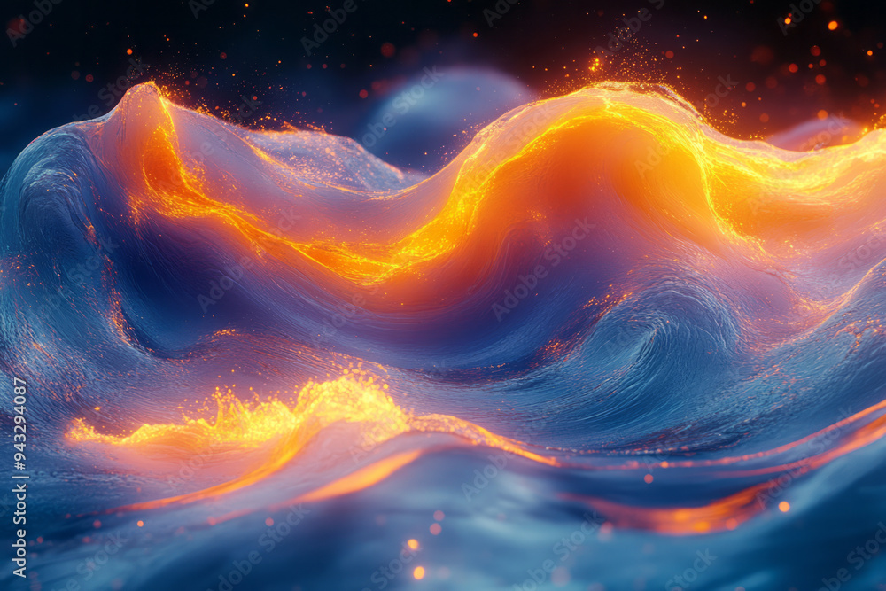 Poster fluid blue wave merging with vibrant multicolored abstract patterns,