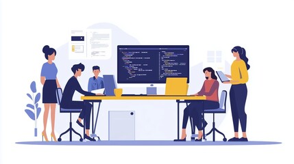 Team of diverse professionals collaborating on a coding project in a modern office environment during daytime